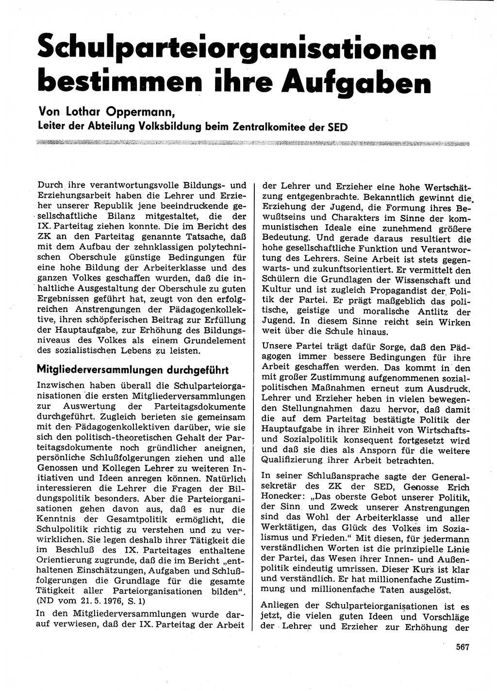 Neuer Weg (NW), Organ des Zentralkomitees (ZK) der SED (Sozialistische Einheitspartei Deutschlands) für Fragen des Parteilebens, 31. Jahrgang [Deutsche Demokratische Republik (DDR)] 1976, Seite 567 (NW ZK SED DDR 1976, S. 567)