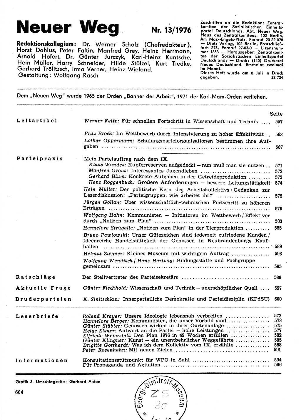 Neuer Weg (NW), Organ des Zentralkomitees (ZK) der SED (Sozialistische Einheitspartei Deutschlands) für Fragen des Parteilebens, 31. Jahrgang [Deutsche Demokratische Republik (DDR)] 1976, Seite 604 (NW ZK SED DDR 1976, S. 604)