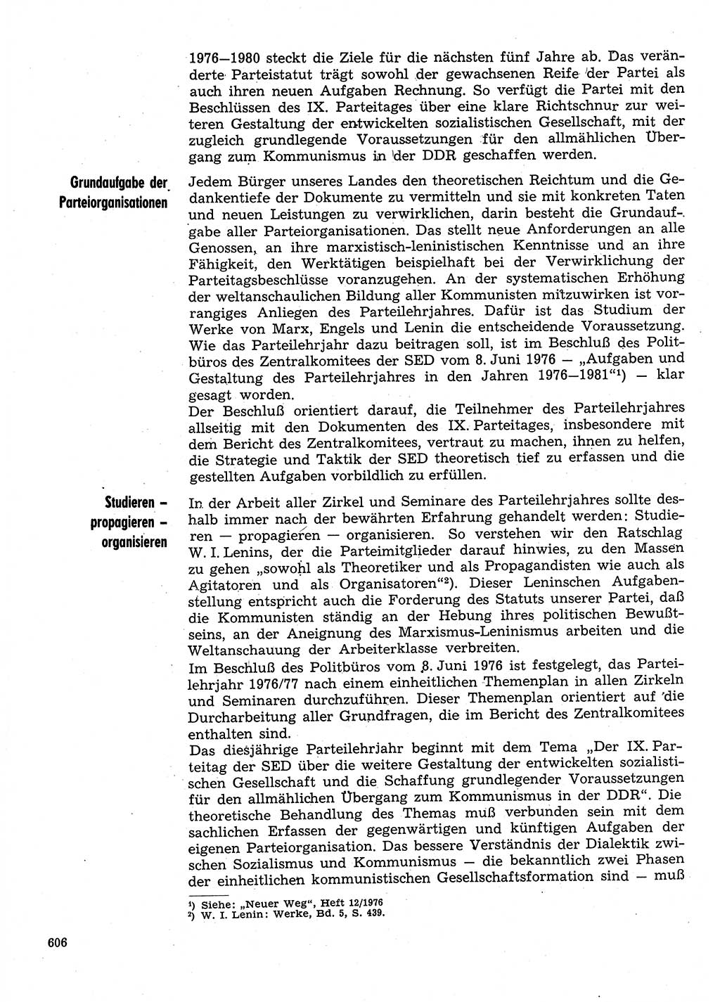 Neuer Weg (NW), Organ des Zentralkomitees (ZK) der SED (Sozialistische Einheitspartei Deutschlands) für Fragen des Parteilebens, 31. Jahrgang [Deutsche Demokratische Republik (DDR)] 1976, Seite 606 (NW ZK SED DDR 1976, S. 606)