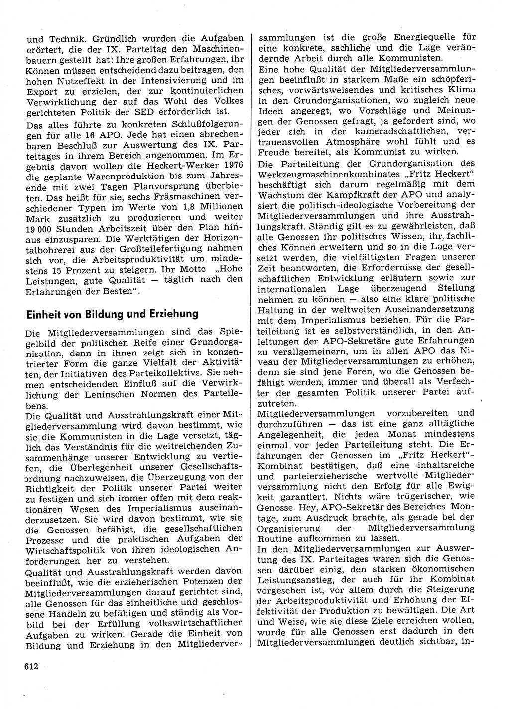 Neuer Weg (NW), Organ des Zentralkomitees (ZK) der SED (Sozialistische Einheitspartei Deutschlands) für Fragen des Parteilebens, 31. Jahrgang [Deutsche Demokratische Republik (DDR)] 1976, Seite 612 (NW ZK SED DDR 1976, S. 612)