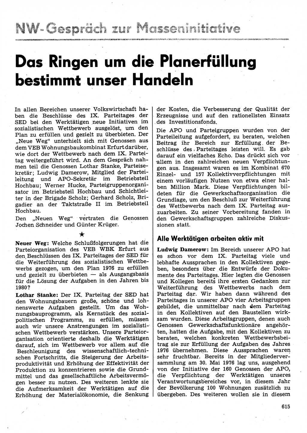 Neuer Weg (NW), Organ des Zentralkomitees (ZK) der SED (Sozialistische Einheitspartei Deutschlands) für Fragen des Parteilebens, 31. Jahrgang [Deutsche Demokratische Republik (DDR)] 1976, Seite 615 (NW ZK SED DDR 1976, S. 615)