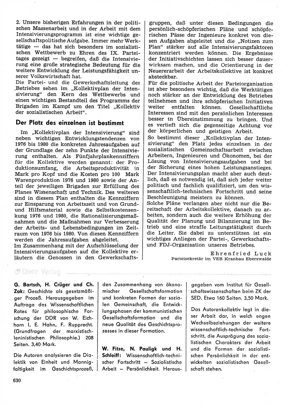 Neuer Weg (NW), Organ des Zentralkomitees (ZK) der SED (Sozialistische Einheitspartei Deutschlands) für Fragen des Parteilebens, 31. Jahrgang [Deutsche Demokratische Republik (DDR)] 1976, Seite 630 (NW ZK SED DDR 1976, S. 630)