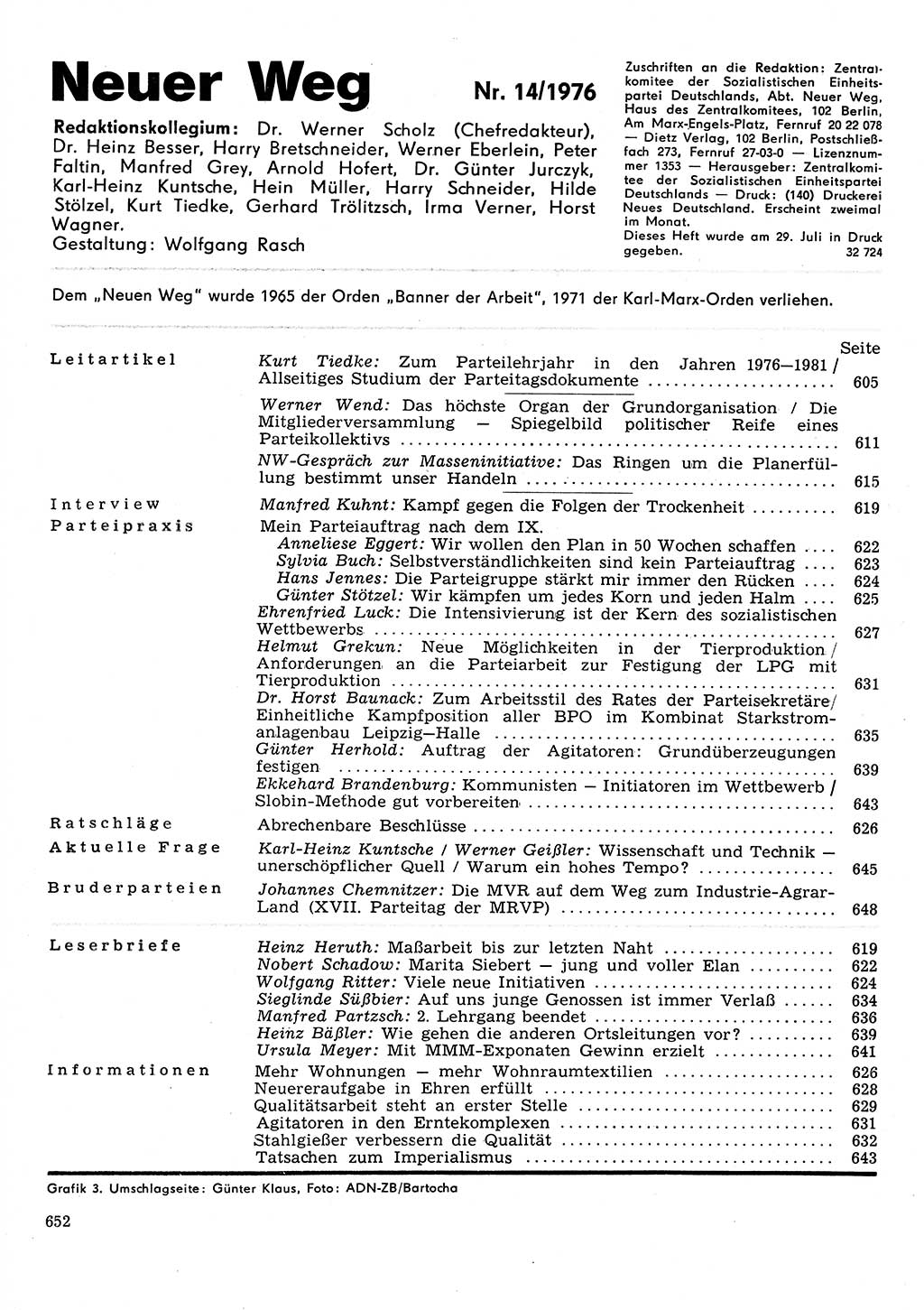 Neuer Weg (NW), Organ des Zentralkomitees (ZK) der SED (Sozialistische Einheitspartei Deutschlands) für Fragen des Parteilebens, 31. Jahrgang [Deutsche Demokratische Republik (DDR)] 1976, Seite 652 (NW ZK SED DDR 1976, S. 652)