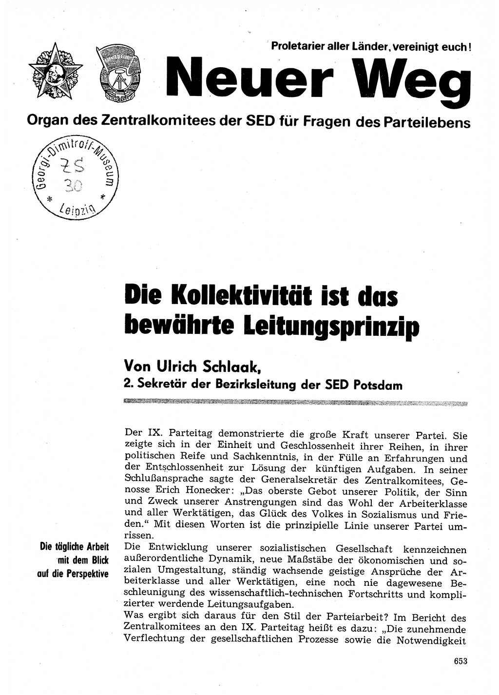 Neuer Weg (NW), Organ des Zentralkomitees (ZK) der SED (Sozialistische Einheitspartei Deutschlands) für Fragen des Parteilebens, 31. Jahrgang [Deutsche Demokratische Republik (DDR)] 1976, Seite 653 (NW ZK SED DDR 1976, S. 653)