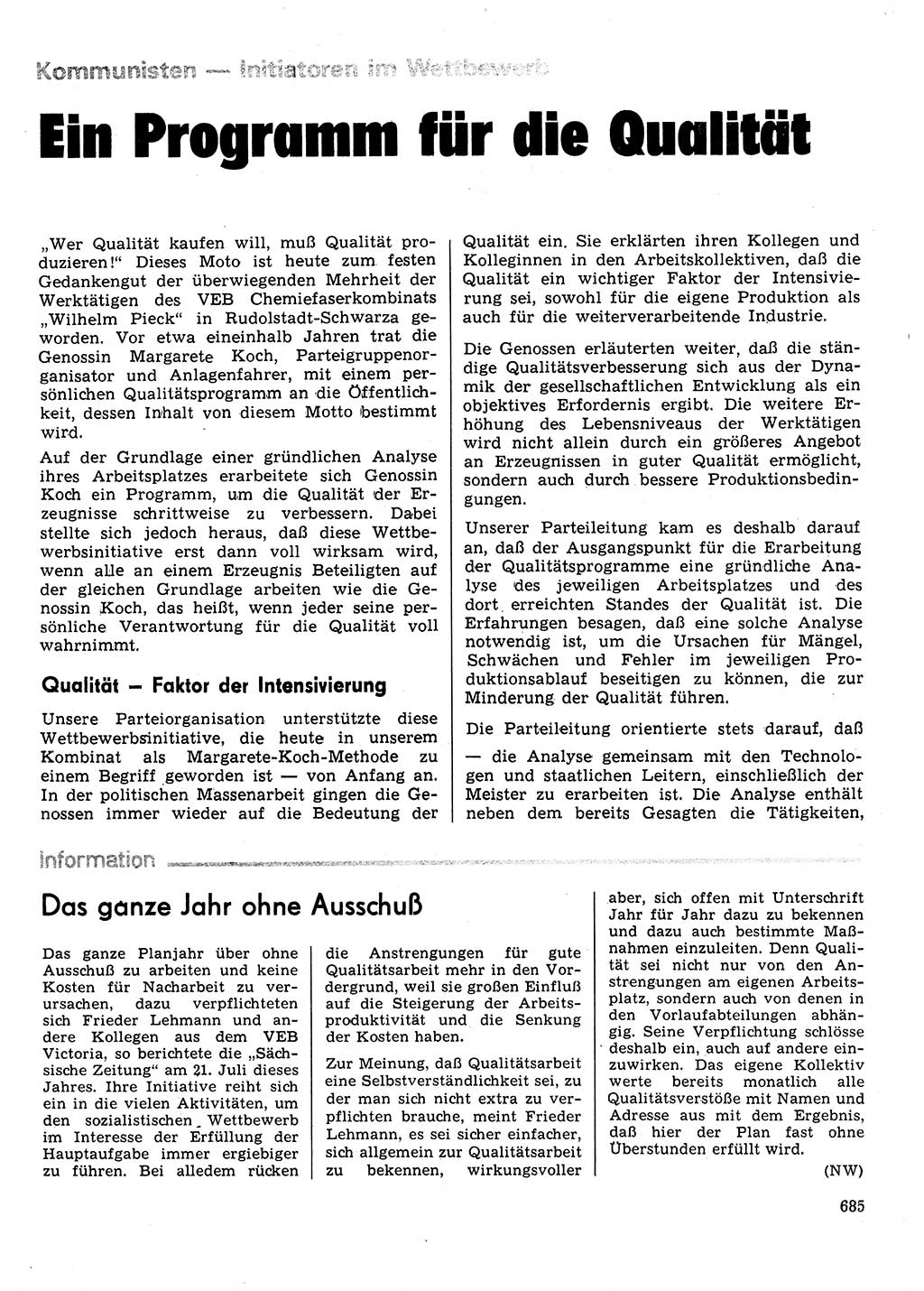 Neuer Weg (NW), Organ des Zentralkomitees (ZK) der SED (Sozialistische Einheitspartei Deutschlands) für Fragen des Parteilebens, 31. Jahrgang [Deutsche Demokratische Republik (DDR)] 1976, Seite 685 (NW ZK SED DDR 1976, S. 685)