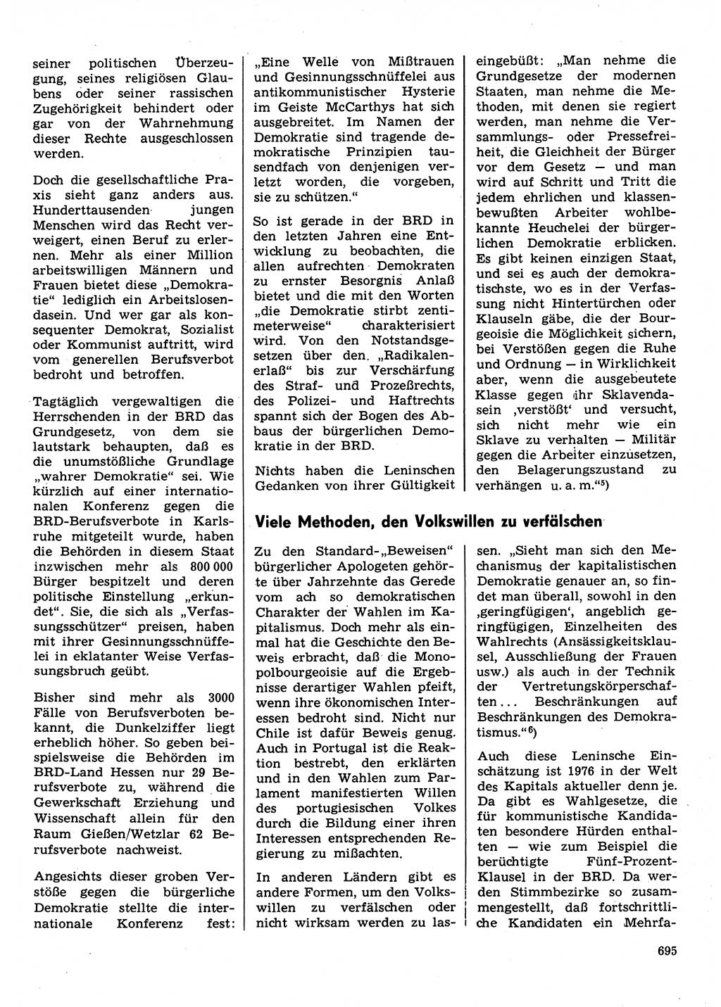 Neuer Weg (NW), Organ des Zentralkomitees (ZK) der SED (Sozialistische Einheitspartei Deutschlands) für Fragen des Parteilebens, 31. Jahrgang [Deutsche Demokratische Republik (DDR)] 1976, Seite 695 (NW ZK SED DDR 1976, S. 695)