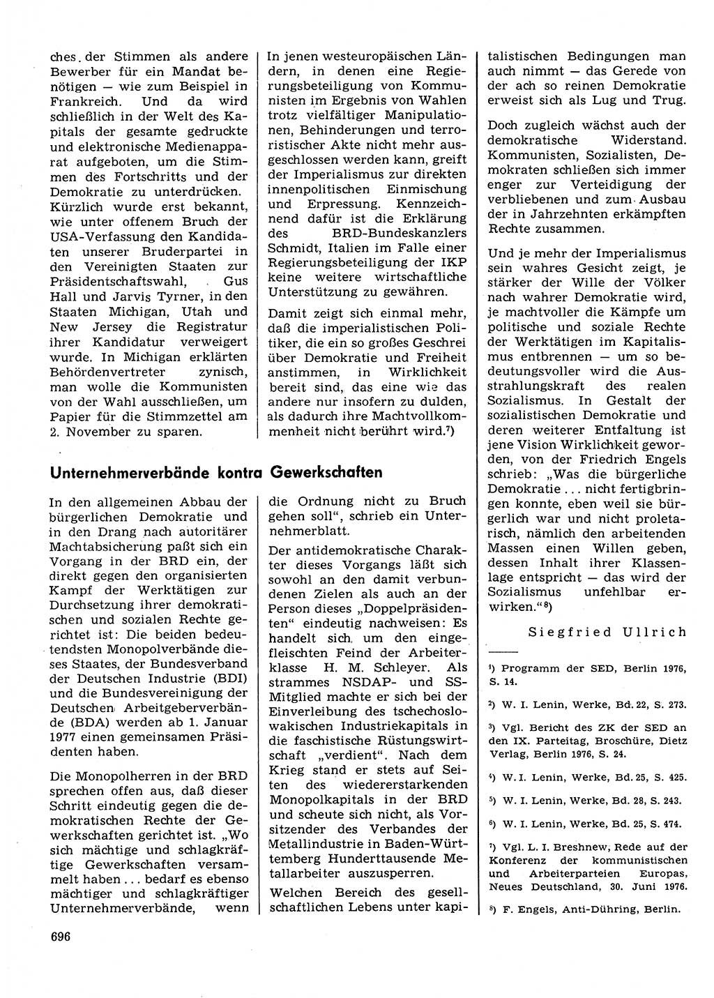 Neuer Weg (NW), Organ des Zentralkomitees (ZK) der SED (Sozialistische Einheitspartei Deutschlands) für Fragen des Parteilebens, 31. Jahrgang [Deutsche Demokratische Republik (DDR)] 1976, Seite 696 (NW ZK SED DDR 1976, S. 696)