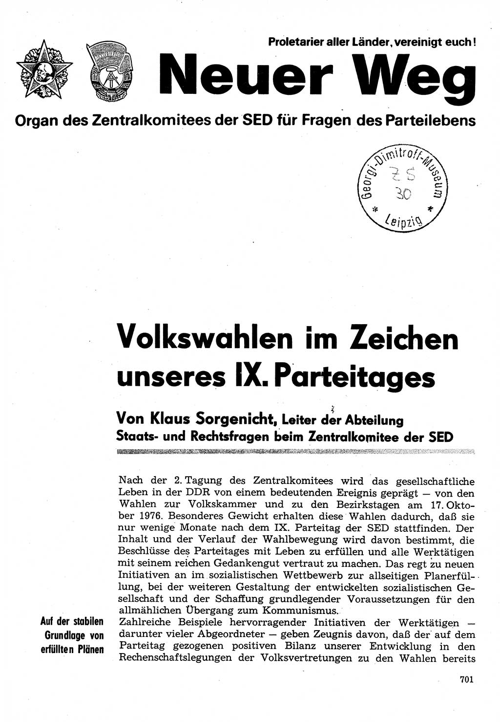 Neuer Weg (NW), Organ des Zentralkomitees (ZK) der SED (Sozialistische Einheitspartei Deutschlands) für Fragen des Parteilebens, 31. Jahrgang [Deutsche Demokratische Republik (DDR)] 1976, Seite 701 (NW ZK SED DDR 1976, S. 701)