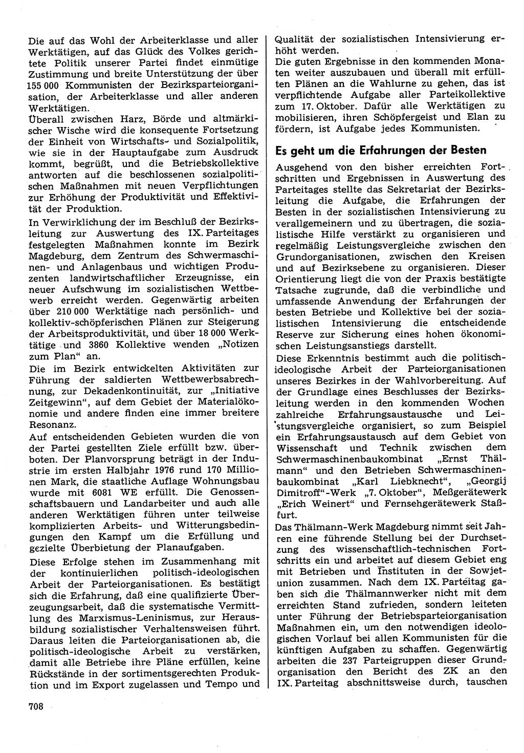 Neuer Weg (NW), Organ des Zentralkomitees (ZK) der SED (Sozialistische Einheitspartei Deutschlands) für Fragen des Parteilebens, 31. Jahrgang [Deutsche Demokratische Republik (DDR)] 1976, Seite 708 (NW ZK SED DDR 1976, S. 708)