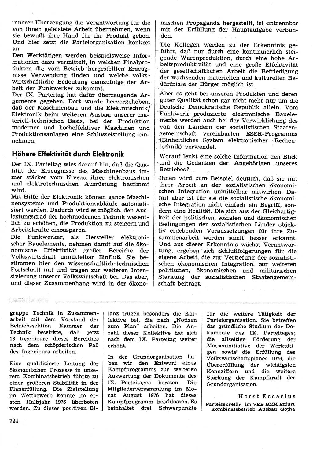 Neuer Weg (NW), Organ des Zentralkomitees (ZK) der SED (Sozialistische Einheitspartei Deutschlands) für Fragen des Parteilebens, 31. Jahrgang [Deutsche Demokratische Republik (DDR)] 1976, Seite 724 (NW ZK SED DDR 1976, S. 724)