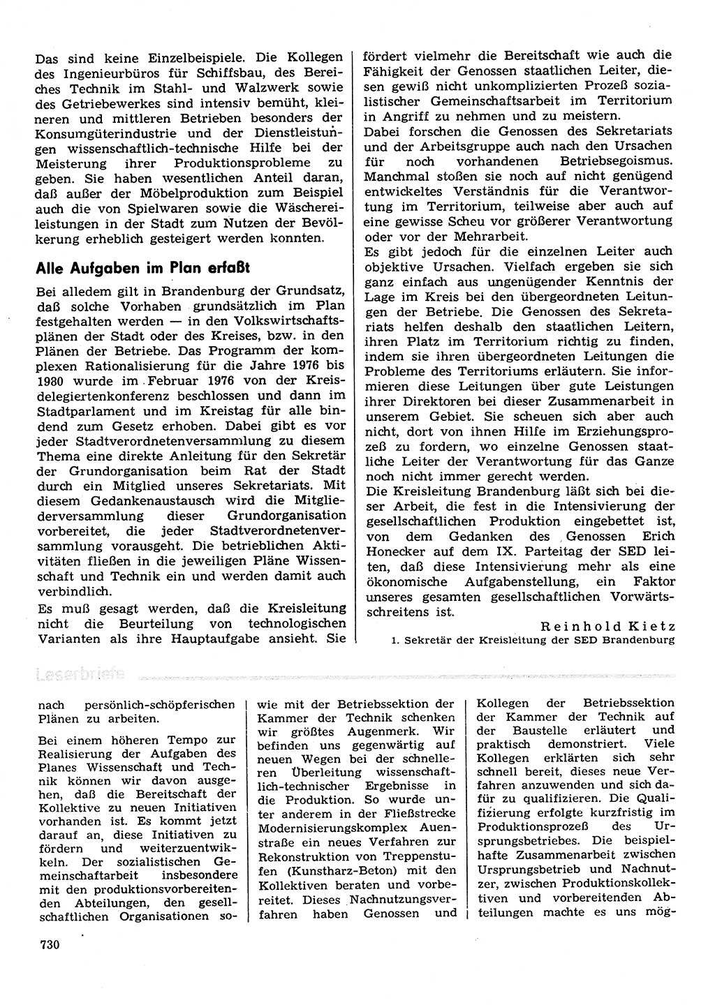 Neuer Weg (NW), Organ des Zentralkomitees (ZK) der SED (Sozialistische Einheitspartei Deutschlands) für Fragen des Parteilebens, 31. Jahrgang [Deutsche Demokratische Republik (DDR)] 1976, Seite 730 (NW ZK SED DDR 1976, S. 730)