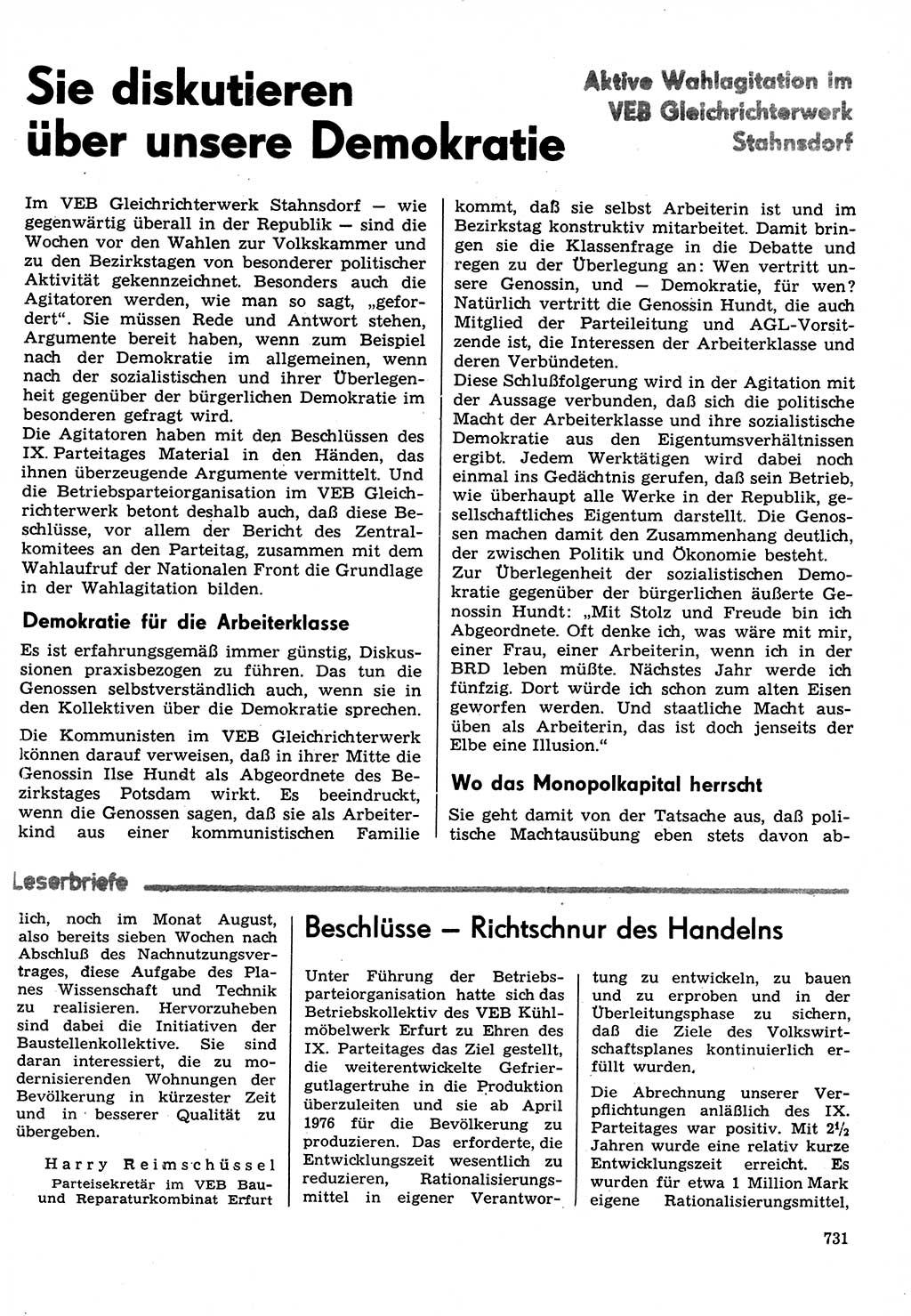 Neuer Weg (NW), Organ des Zentralkomitees (ZK) der SED (Sozialistische Einheitspartei Deutschlands) für Fragen des Parteilebens, 31. Jahrgang [Deutsche Demokratische Republik (DDR)] 1976, Seite 731 (NW ZK SED DDR 1976, S. 731)