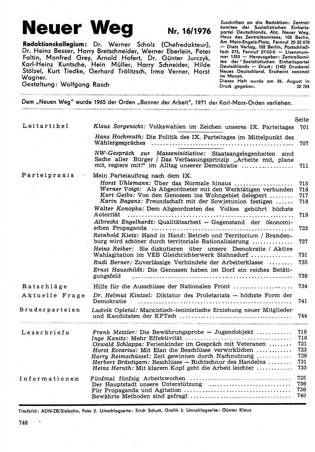 Neuer Weg (NW), Organ des Zentralkomitees (ZK) der SED (Sozialistische Einheitspartei Deutschlands) für Fragen des Parteilebens, 31. Jahrgang [Deutsche Demokratische Republik (DDR)] 1976, Seite 748 (NW ZK SED DDR 1976, S. 748)