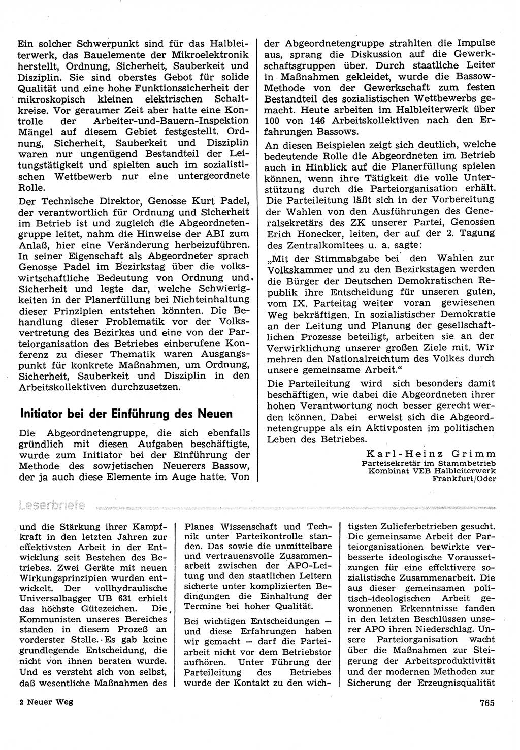 Neuer Weg (NW), Organ des Zentralkomitees (ZK) der SED (Sozialistische Einheitspartei Deutschlands) für Fragen des Parteilebens, 31. Jahrgang [Deutsche Demokratische Republik (DDR)] 1976, Seite 765 (NW ZK SED DDR 1976, S. 765)