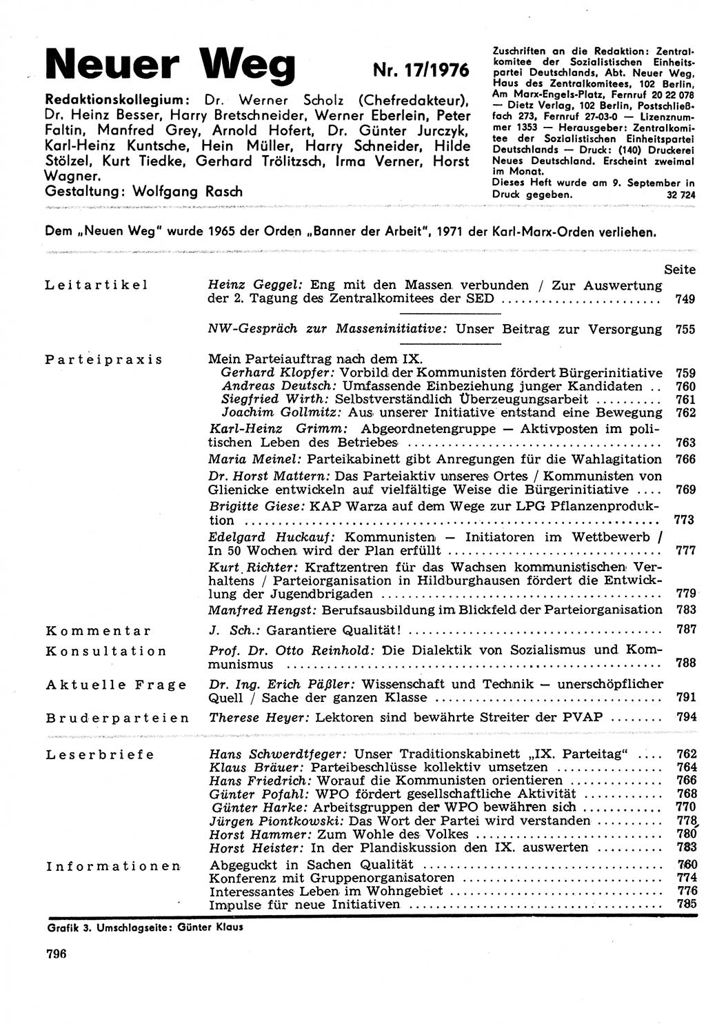 Neuer Weg (NW), Organ des Zentralkomitees (ZK) der SED (Sozialistische Einheitspartei Deutschlands) für Fragen des Parteilebens, 31. Jahrgang [Deutsche Demokratische Republik (DDR)] 1976, Seite 796 (NW ZK SED DDR 1976, S. 796)