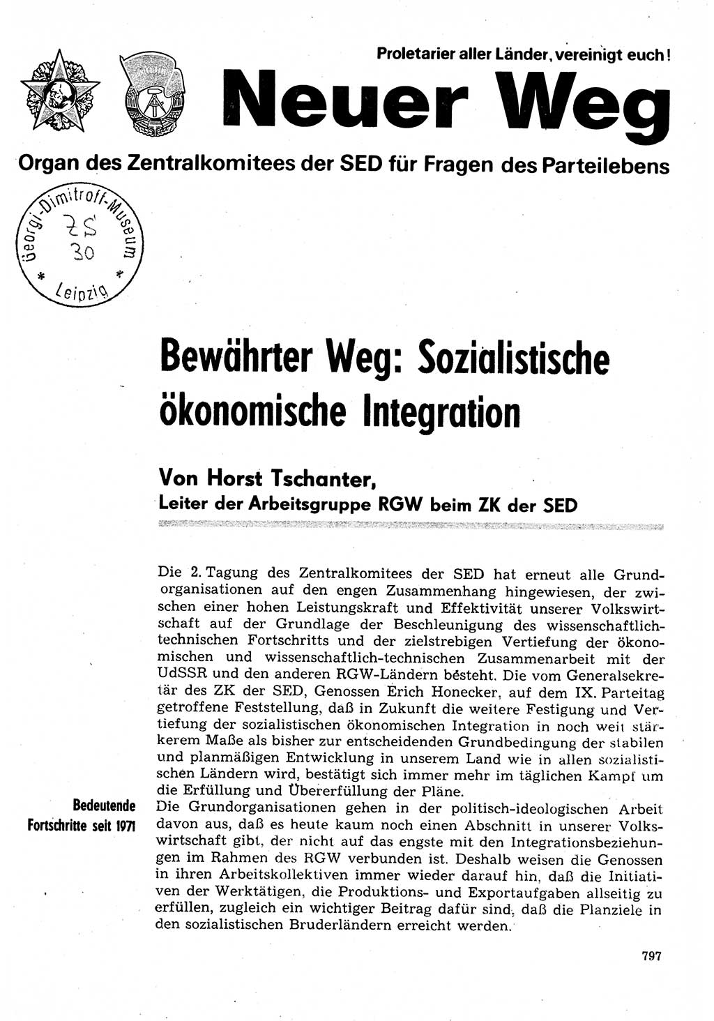 Neuer Weg (NW), Organ des Zentralkomitees (ZK) der SED (Sozialistische Einheitspartei Deutschlands) für Fragen des Parteilebens, 31. Jahrgang [Deutsche Demokratische Republik (DDR)] 1976, Seite 797 (NW ZK SED DDR 1976, S. 797)