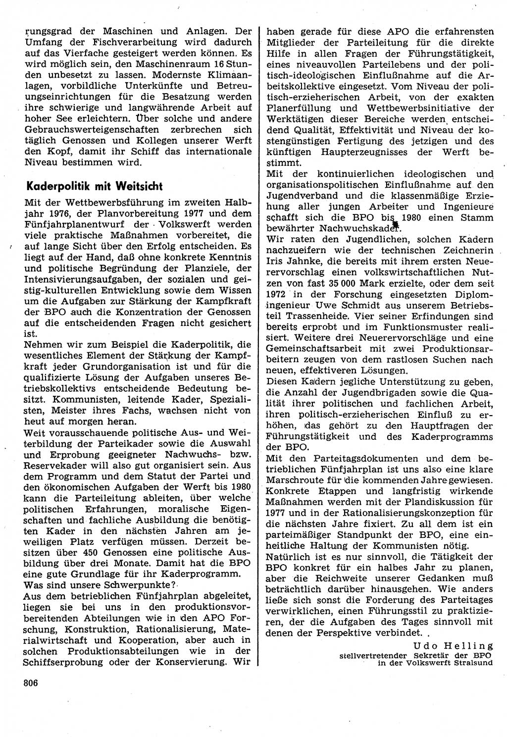 Neuer Weg (NW), Organ des Zentralkomitees (ZK) der SED (Sozialistische Einheitspartei Deutschlands) für Fragen des Parteilebens, 31. Jahrgang [Deutsche Demokratische Republik (DDR)] 1976, Seite 806 (NW ZK SED DDR 1976, S. 806)