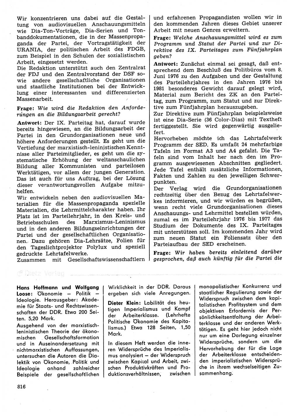 Neuer Weg (NW), Organ des Zentralkomitees (ZK) der SED (Sozialistische Einheitspartei Deutschlands) für Fragen des Parteilebens, 31. Jahrgang [Deutsche Demokratische Republik (DDR)] 1976, Seite 816 (NW ZK SED DDR 1976, S. 816)