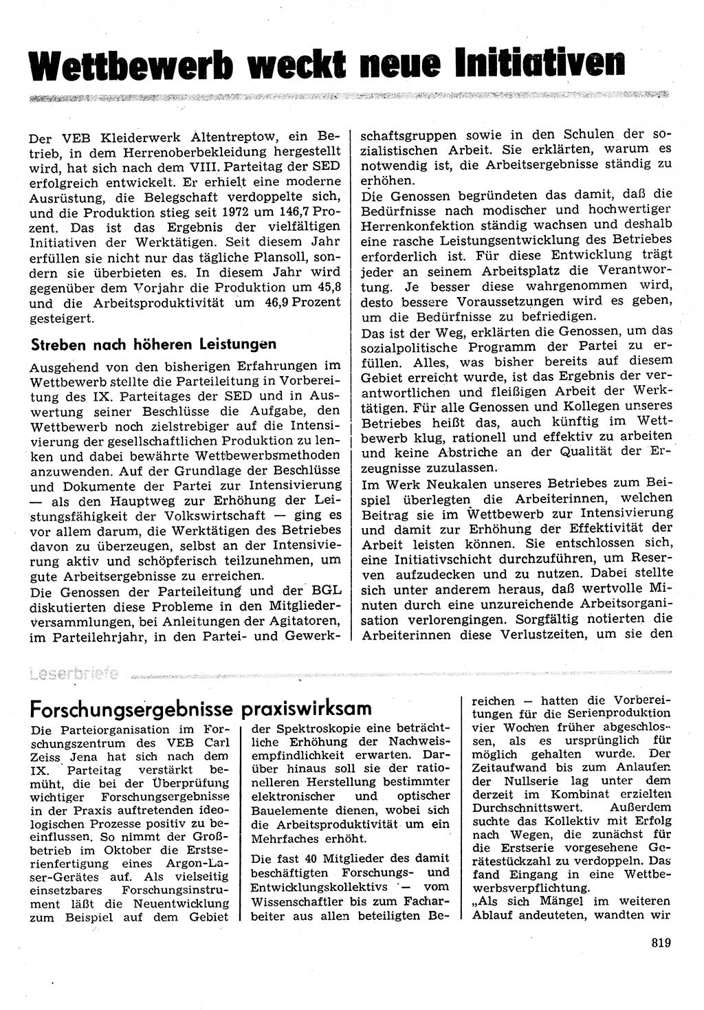 Neuer Weg (NW), Organ des Zentralkomitees (ZK) der SED (Sozialistische Einheitspartei Deutschlands) für Fragen des Parteilebens, 31. Jahrgang [Deutsche Demokratische Republik (DDR)] 1976, Seite 819 (NW ZK SED DDR 1976, S. 819)