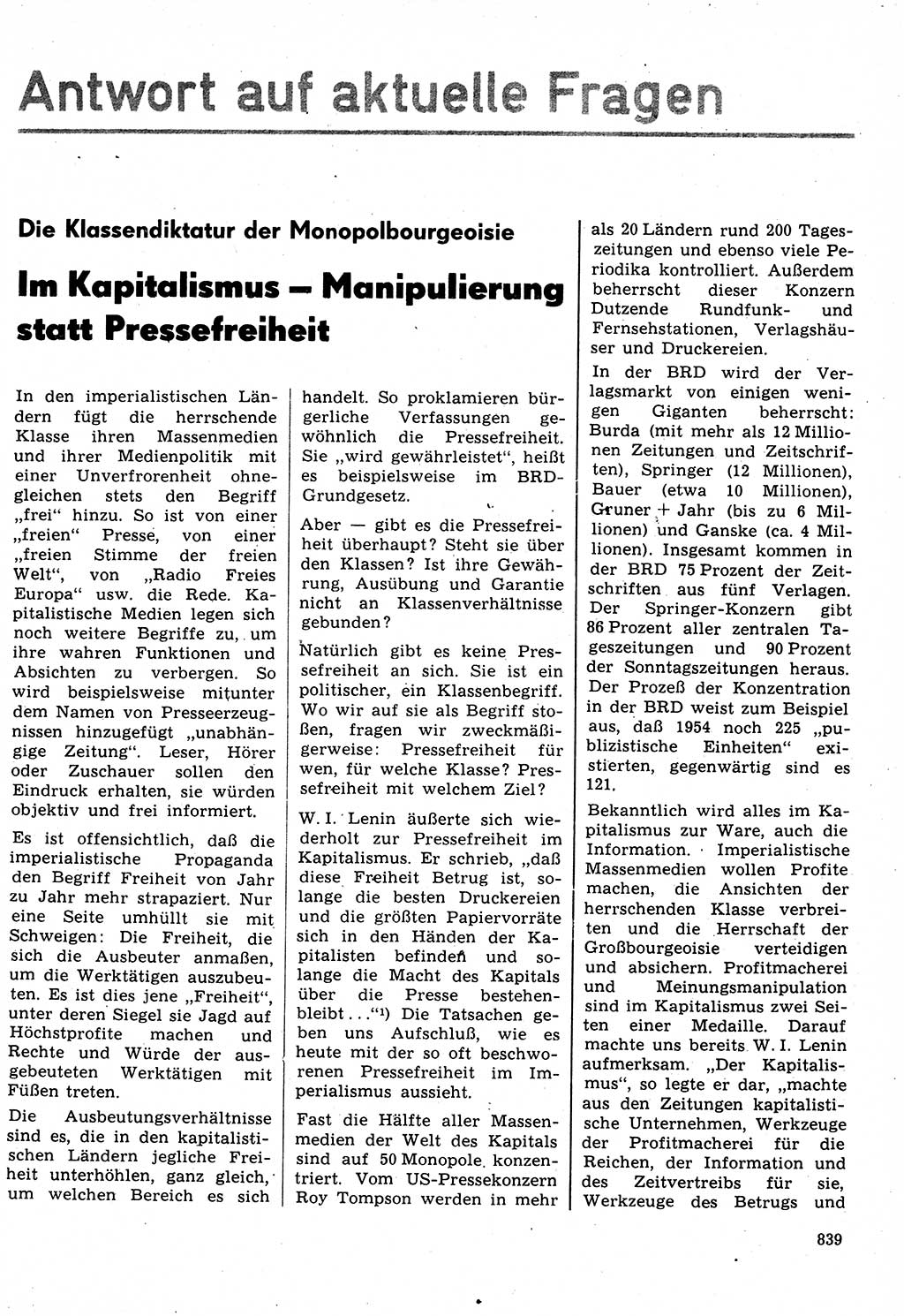 Neuer Weg (NW), Organ des Zentralkomitees (ZK) der SED (Sozialistische Einheitspartei Deutschlands) für Fragen des Parteilebens, 31. Jahrgang [Deutsche Demokratische Republik (DDR)] 1976, Seite 839 (NW ZK SED DDR 1976, S. 839)