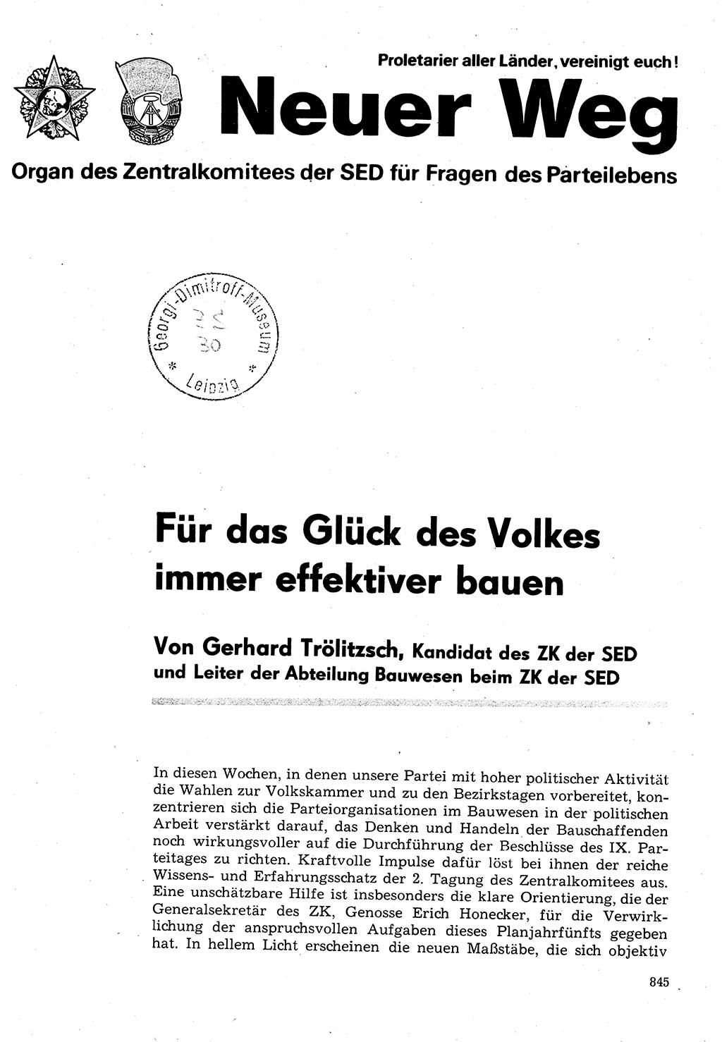 Neuer Weg (NW), Organ des Zentralkomitees (ZK) der SED (Sozialistische Einheitspartei Deutschlands) für Fragen des Parteilebens, 31. Jahrgang [Deutsche Demokratische Republik (DDR)] 1976, Seite 845 (NW ZK SED DDR 1976, S. 845)