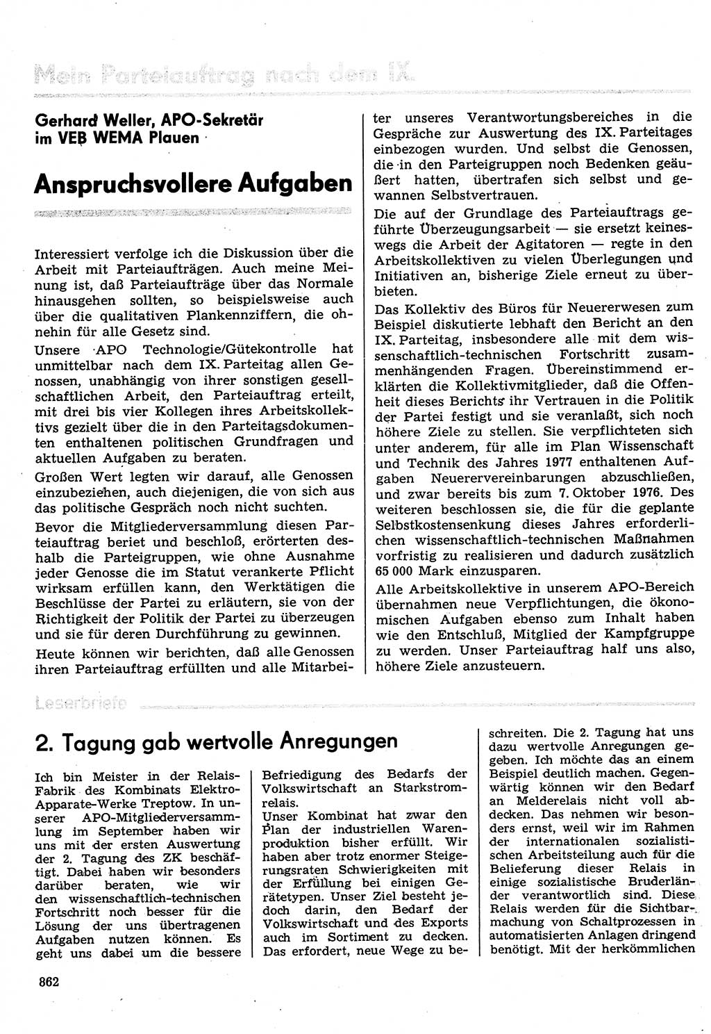 Neuer Weg (NW), Organ des Zentralkomitees (ZK) der SED (Sozialistische Einheitspartei Deutschlands) für Fragen des Parteilebens, 31. Jahrgang [Deutsche Demokratische Republik (DDR)] 1976, Seite 862 (NW ZK SED DDR 1976, S. 862)