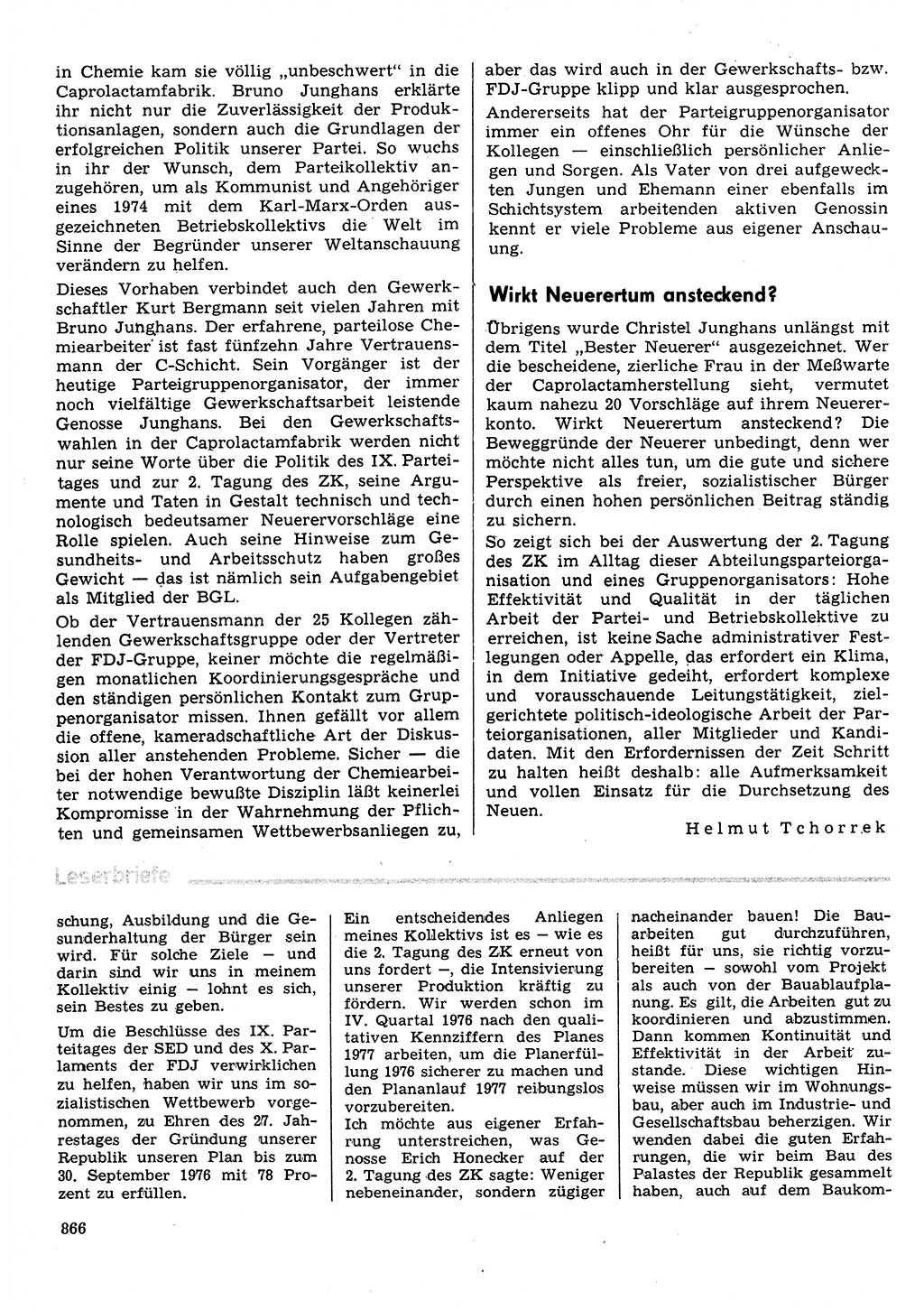 Neuer Weg (NW), Organ des Zentralkomitees (ZK) der SED (Sozialistische Einheitspartei Deutschlands) für Fragen des Parteilebens, 31. Jahrgang [Deutsche Demokratische Republik (DDR)] 1976, Seite 866 (NW ZK SED DDR 1976, S. 866)
