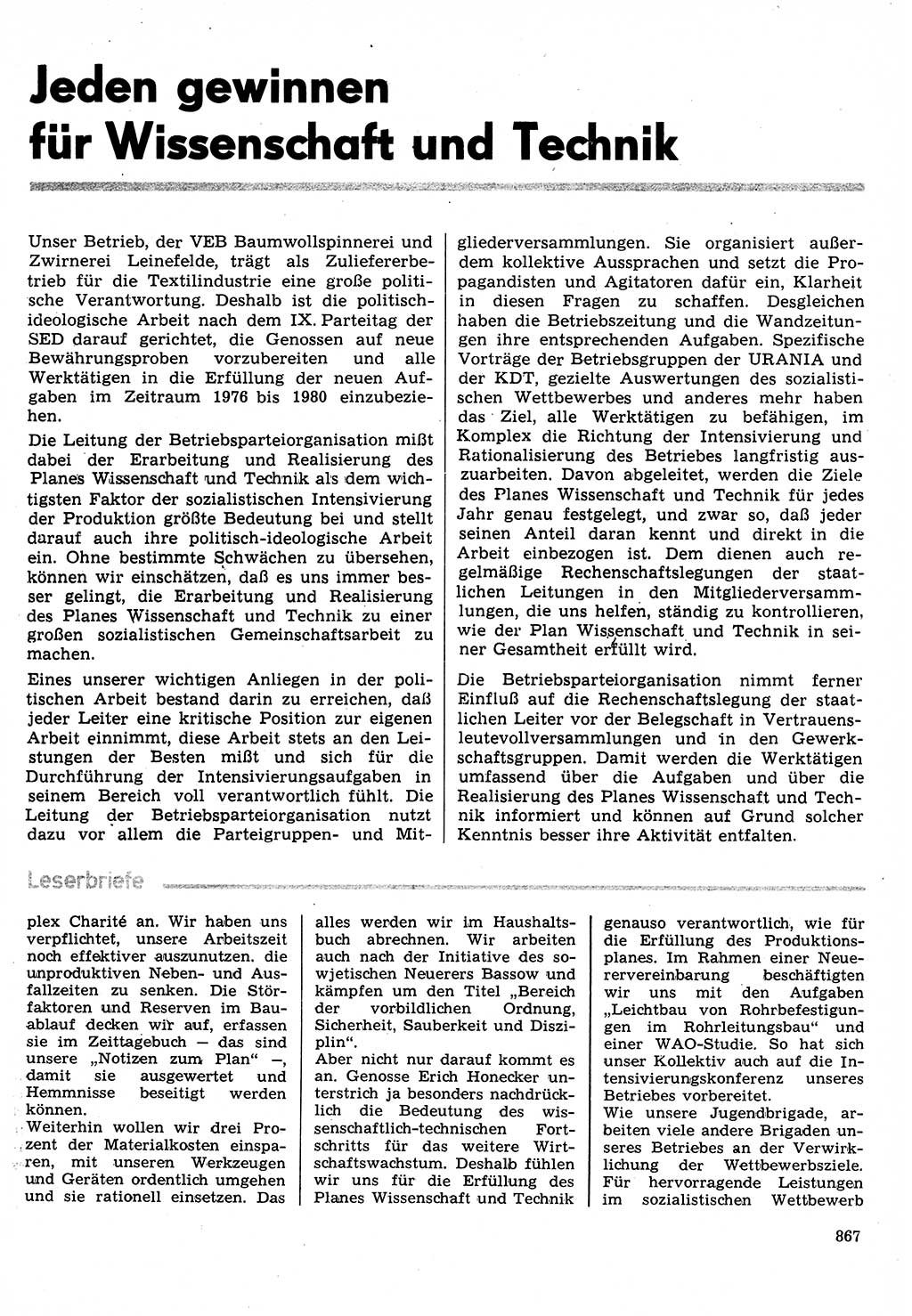 Neuer Weg (NW), Organ des Zentralkomitees (ZK) der SED (Sozialistische Einheitspartei Deutschlands) für Fragen des Parteilebens, 31. Jahrgang [Deutsche Demokratische Republik (DDR)] 1976, Seite 867 (NW ZK SED DDR 1976, S. 867)