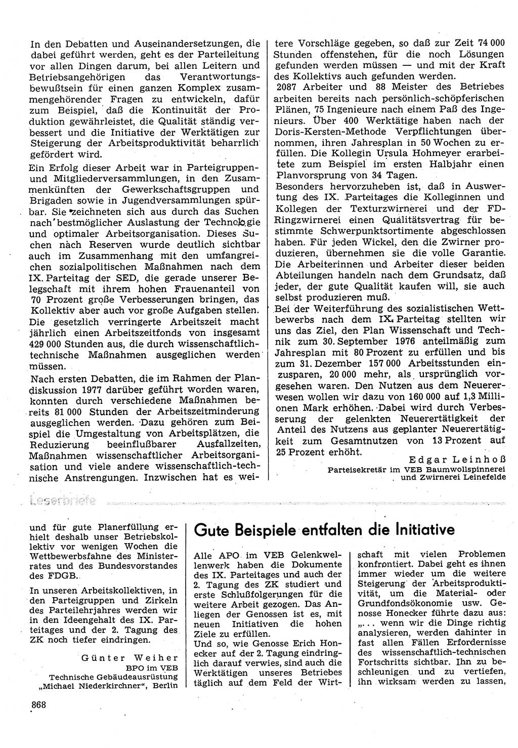 Neuer Weg (NW), Organ des Zentralkomitees (ZK) der SED (Sozialistische Einheitspartei Deutschlands) für Fragen des Parteilebens, 31. Jahrgang [Deutsche Demokratische Republik (DDR)] 1976, Seite 868 (NW ZK SED DDR 1976, S. 868)