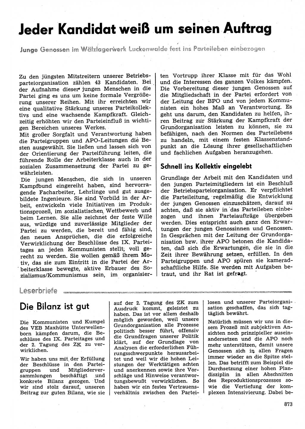 Neuer Weg (NW), Organ des Zentralkomitees (ZK) der SED (Sozialistische Einheitspartei Deutschlands) für Fragen des Parteilebens, 31. Jahrgang [Deutsche Demokratische Republik (DDR)] 1976, Seite 873 (NW ZK SED DDR 1976, S. 873)