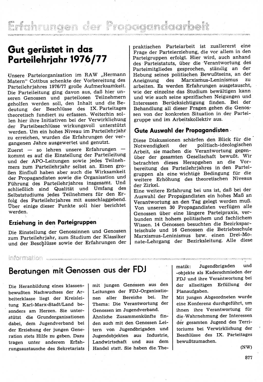 Neuer Weg (NW), Organ des Zentralkomitees (ZK) der SED (Sozialistische Einheitspartei Deutschlands) für Fragen des Parteilebens, 31. Jahrgang [Deutsche Demokratische Republik (DDR)] 1976, Seite 877 (NW ZK SED DDR 1976, S. 877)