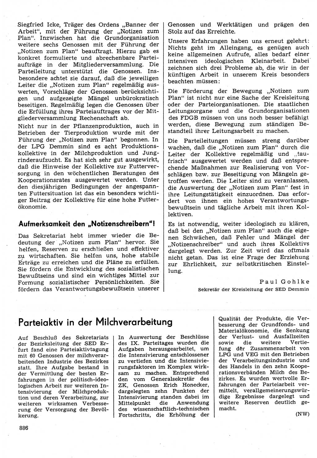Neuer Weg (NW), Organ des Zentralkomitees (ZK) der SED (Sozialistische Einheitspartei Deutschlands) für Fragen des Parteilebens, 31. Jahrgang [Deutsche Demokratische Republik (DDR)] 1976, Seite 886 (NW ZK SED DDR 1976, S. 886)