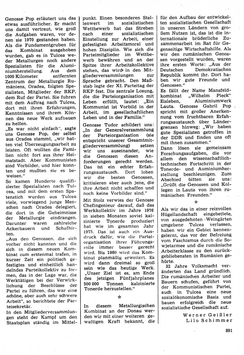 Neuer Weg (NW), Organ des Zentralkomitees (ZK) der SED (Sozialistische Einheitspartei Deutschlands) für Fragen des Parteilebens, 31. Jahrgang [Deutsche Demokratische Republik (DDR)] 1976, Seite 891 (NW ZK SED DDR 1976, S. 891)
