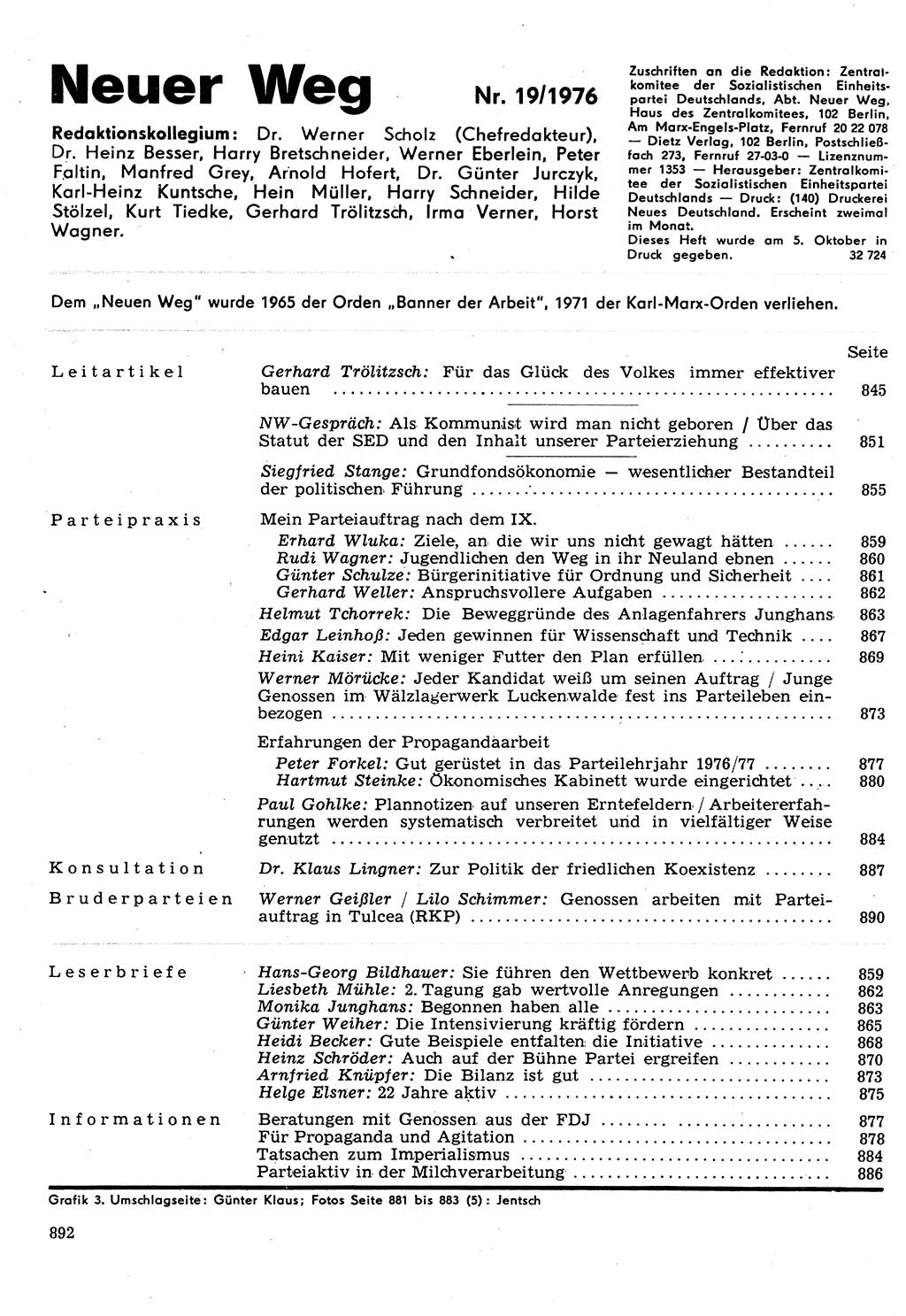 Neuer Weg (NW), Organ des Zentralkomitees (ZK) der SED (Sozialistische Einheitspartei Deutschlands) für Fragen des Parteilebens, 31. Jahrgang [Deutsche Demokratische Republik (DDR)] 1976, Seite 892 (NW ZK SED DDR 1976, S. 892)