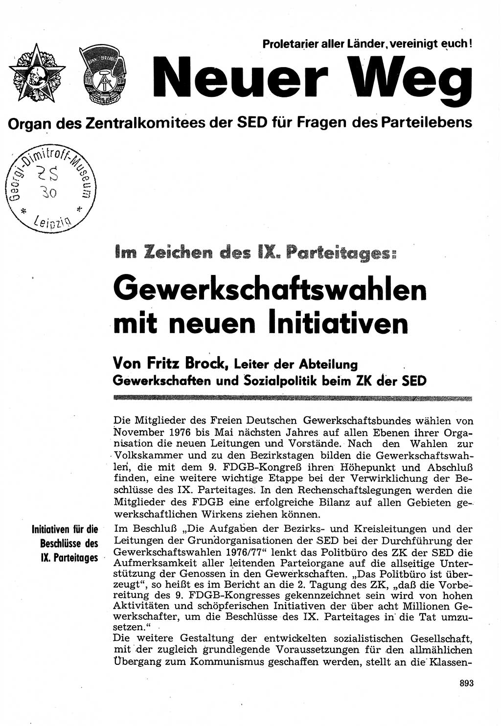 Neuer Weg (NW), Organ des Zentralkomitees (ZK) der SED (Sozialistische Einheitspartei Deutschlands) für Fragen des Parteilebens, 31. Jahrgang [Deutsche Demokratische Republik (DDR)] 1976, Seite 893 (NW ZK SED DDR 1976, S. 893)