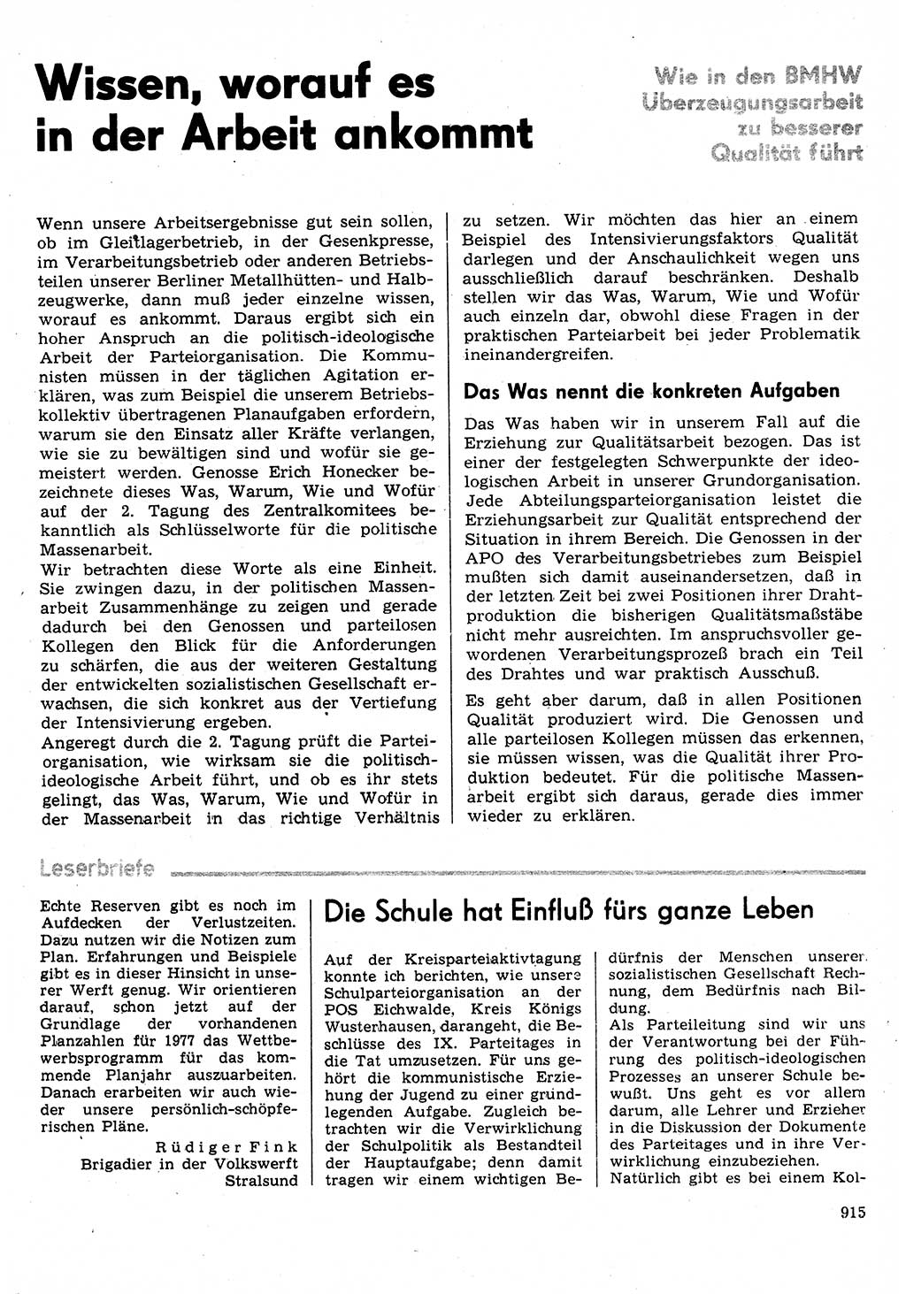 Neuer Weg (NW), Organ des Zentralkomitees (ZK) der SED (Sozialistische Einheitspartei Deutschlands) für Fragen des Parteilebens, 31. Jahrgang [Deutsche Demokratische Republik (DDR)] 1976, Seite 915 (NW ZK SED DDR 1976, S. 915)