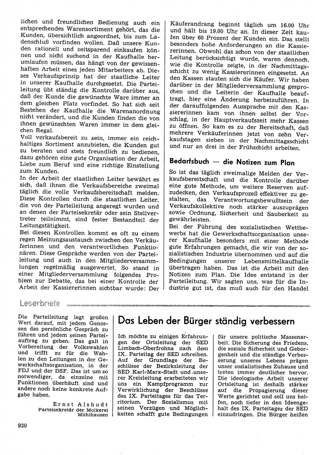 Neuer Weg (NW), Organ des Zentralkomitees (ZK) der SED (Sozialistische Einheitspartei Deutschlands) für Fragen des Parteilebens, 31. Jahrgang [Deutsche Demokratische Republik (DDR)] 1976, Seite 920 (NW ZK SED DDR 1976, S. 920)