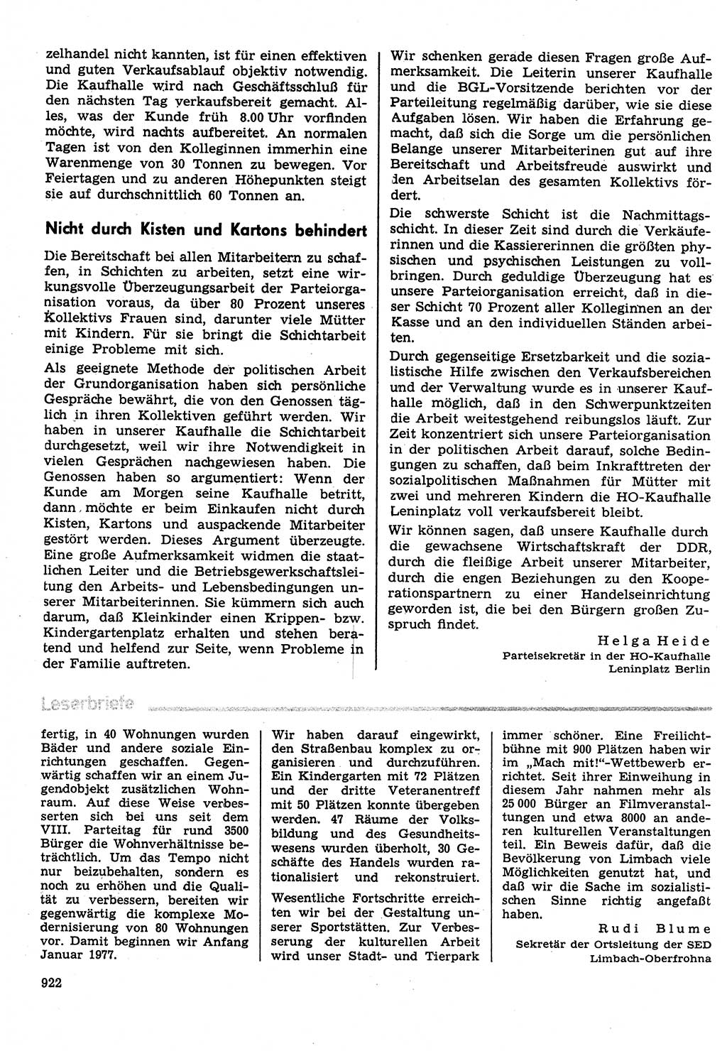 Neuer Weg (NW), Organ des Zentralkomitees (ZK) der SED (Sozialistische Einheitspartei Deutschlands) für Fragen des Parteilebens, 31. Jahrgang [Deutsche Demokratische Republik (DDR)] 1976, Seite 922 (NW ZK SED DDR 1976, S. 922)