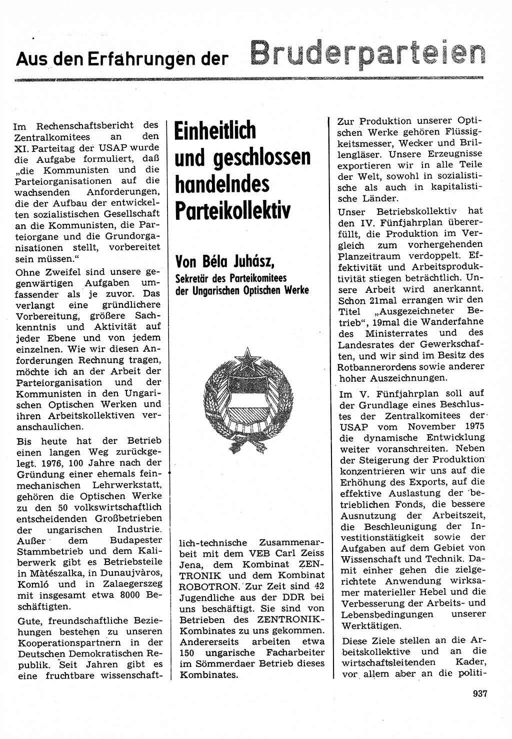 Neuer Weg (NW), Organ des Zentralkomitees (ZK) der SED (Sozialistische Einheitspartei Deutschlands) für Fragen des Parteilebens, 31. Jahrgang [Deutsche Demokratische Republik (DDR)] 1976, Seite 937 (NW ZK SED DDR 1976, S. 937)