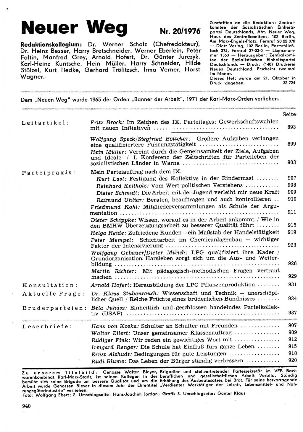 Neuer Weg (NW), Organ des Zentralkomitees (ZK) der SED (Sozialistische Einheitspartei Deutschlands) für Fragen des Parteilebens, 31. Jahrgang [Deutsche Demokratische Republik (DDR)] 1976, Seite 940 (NW ZK SED DDR 1976, S. 940)