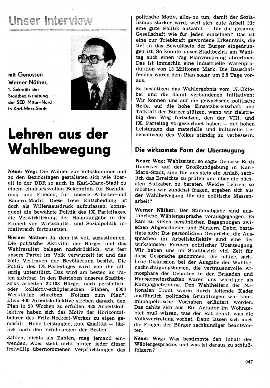 Neuer Weg (NW), Organ des Zentralkomitees (ZK) der SED (Sozialistische Einheitspartei Deutschlands) für Fragen des Parteilebens, 31. Jahrgang [Deutsche Demokratische Republik (DDR)] 1976, Seite 947 (NW ZK SED DDR 1976, S. 947)