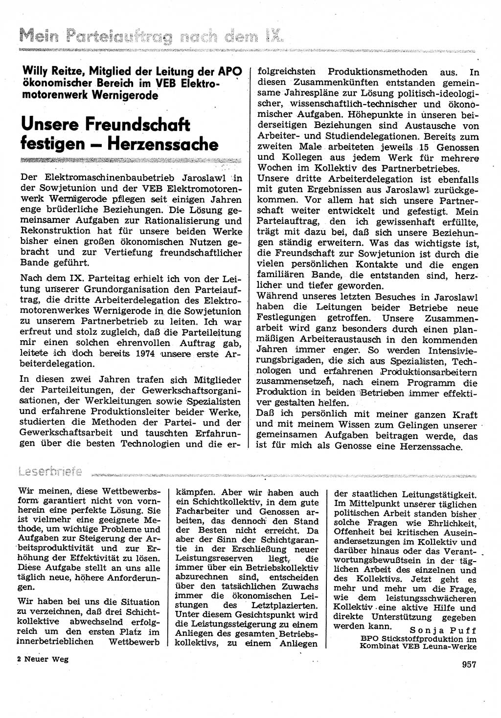 Neuer Weg (NW), Organ des Zentralkomitees (ZK) der SED (Sozialistische Einheitspartei Deutschlands) für Fragen des Parteilebens, 31. Jahrgang [Deutsche Demokratische Republik (DDR)] 1976, Seite 957 (NW ZK SED DDR 1976, S. 957)