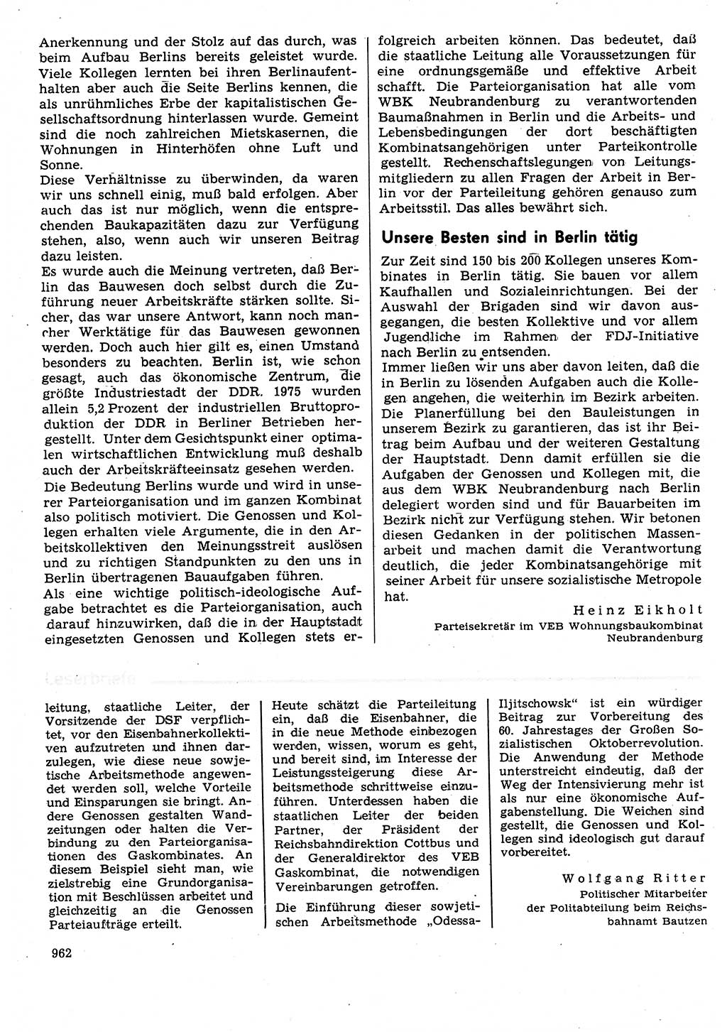 Neuer Weg (NW), Organ des Zentralkomitees (ZK) der SED (Sozialistische Einheitspartei Deutschlands) für Fragen des Parteilebens, 31. Jahrgang [Deutsche Demokratische Republik (DDR)] 1976, Seite 962 (NW ZK SED DDR 1976, S. 962)