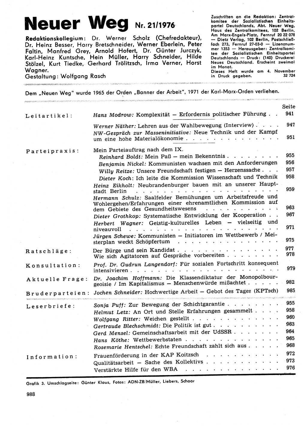 Neuer Weg (NW), Organ des Zentralkomitees (ZK) der SED (Sozialistische Einheitspartei Deutschlands) für Fragen des Parteilebens, 31. Jahrgang [Deutsche Demokratische Republik (DDR)] 1976, Seite 988 (NW ZK SED DDR 1976, S. 988)