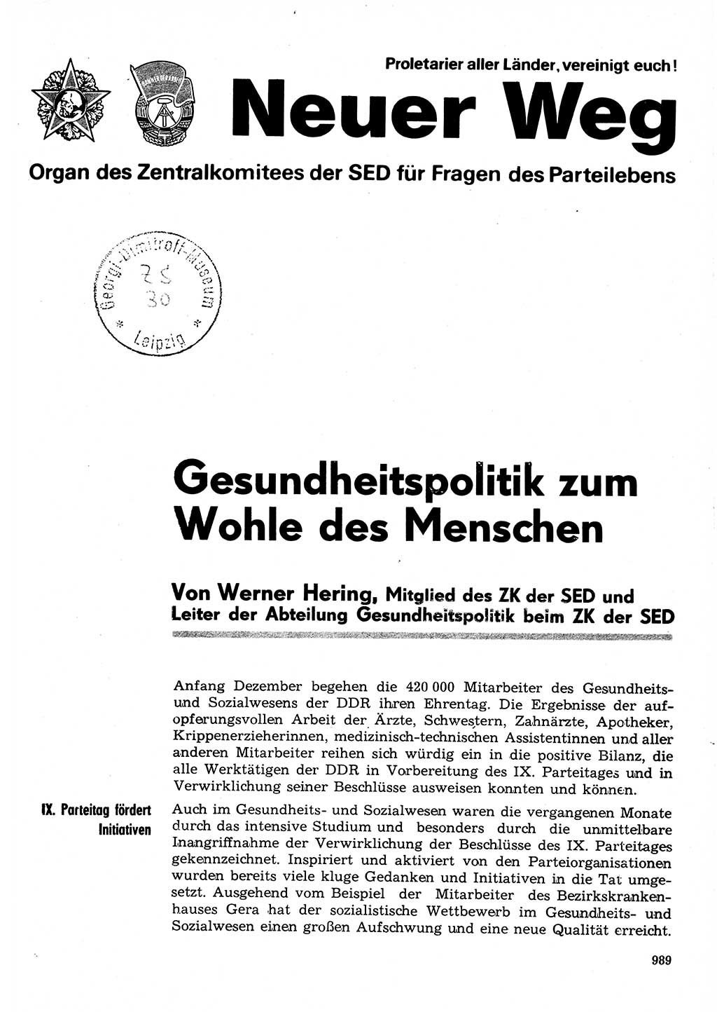 Neuer Weg (NW), Organ des Zentralkomitees (ZK) der SED (Sozialistische Einheitspartei Deutschlands) für Fragen des Parteilebens, 31. Jahrgang [Deutsche Demokratische Republik (DDR)] 1976, Seite 989 (NW ZK SED DDR 1976, S. 989)