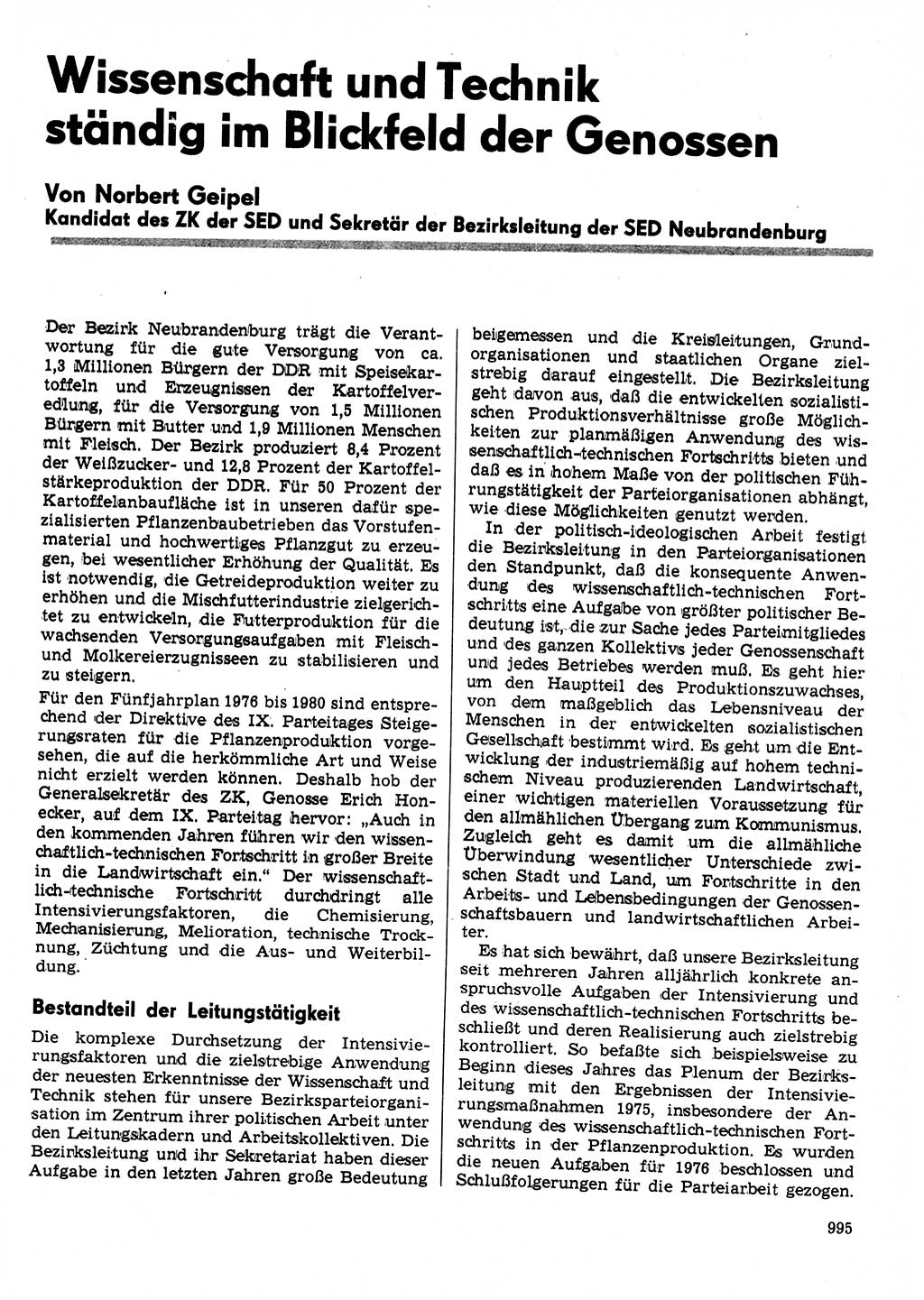 Neuer Weg (NW), Organ des Zentralkomitees (ZK) der SED (Sozialistische Einheitspartei Deutschlands) für Fragen des Parteilebens, 31. Jahrgang [Deutsche Demokratische Republik (DDR)] 1976, Seite 995 (NW ZK SED DDR 1976, S. 995)