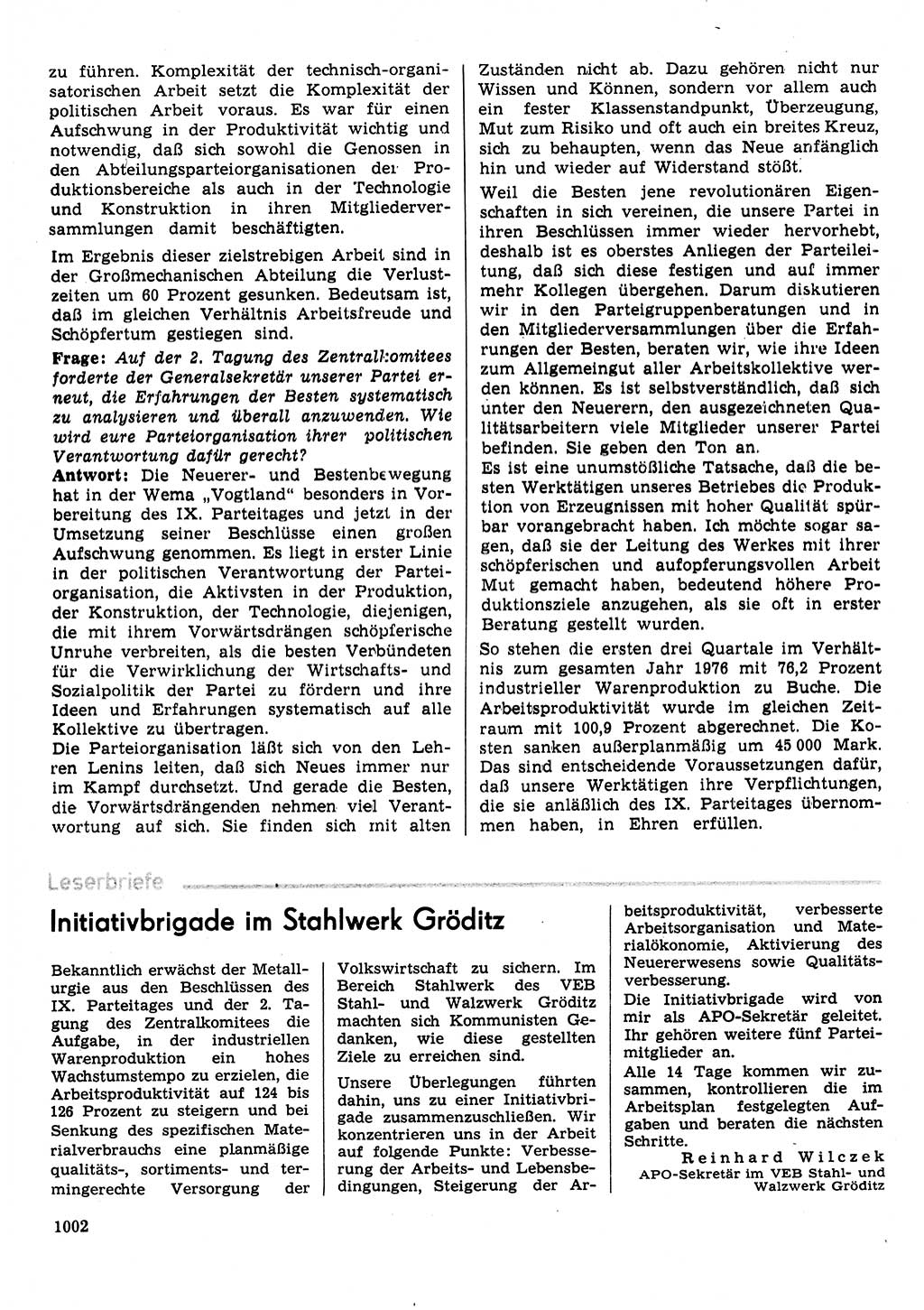 Neuer Weg (NW), Organ des Zentralkomitees (ZK) der SED (Sozialistische Einheitspartei Deutschlands) für Fragen des Parteilebens, 31. Jahrgang [Deutsche Demokratische Republik (DDR)] 1976, Seite 1002 (NW ZK SED DDR 1976, S. 1002)
