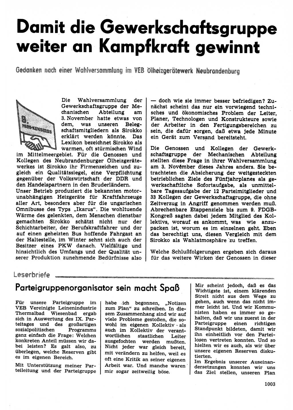 Neuer Weg (NW), Organ des Zentralkomitees (ZK) der SED (Sozialistische Einheitspartei Deutschlands) für Fragen des Parteilebens, 31. Jahrgang [Deutsche Demokratische Republik (DDR)] 1976, Seite 1003 (NW ZK SED DDR 1976, S. 1003)