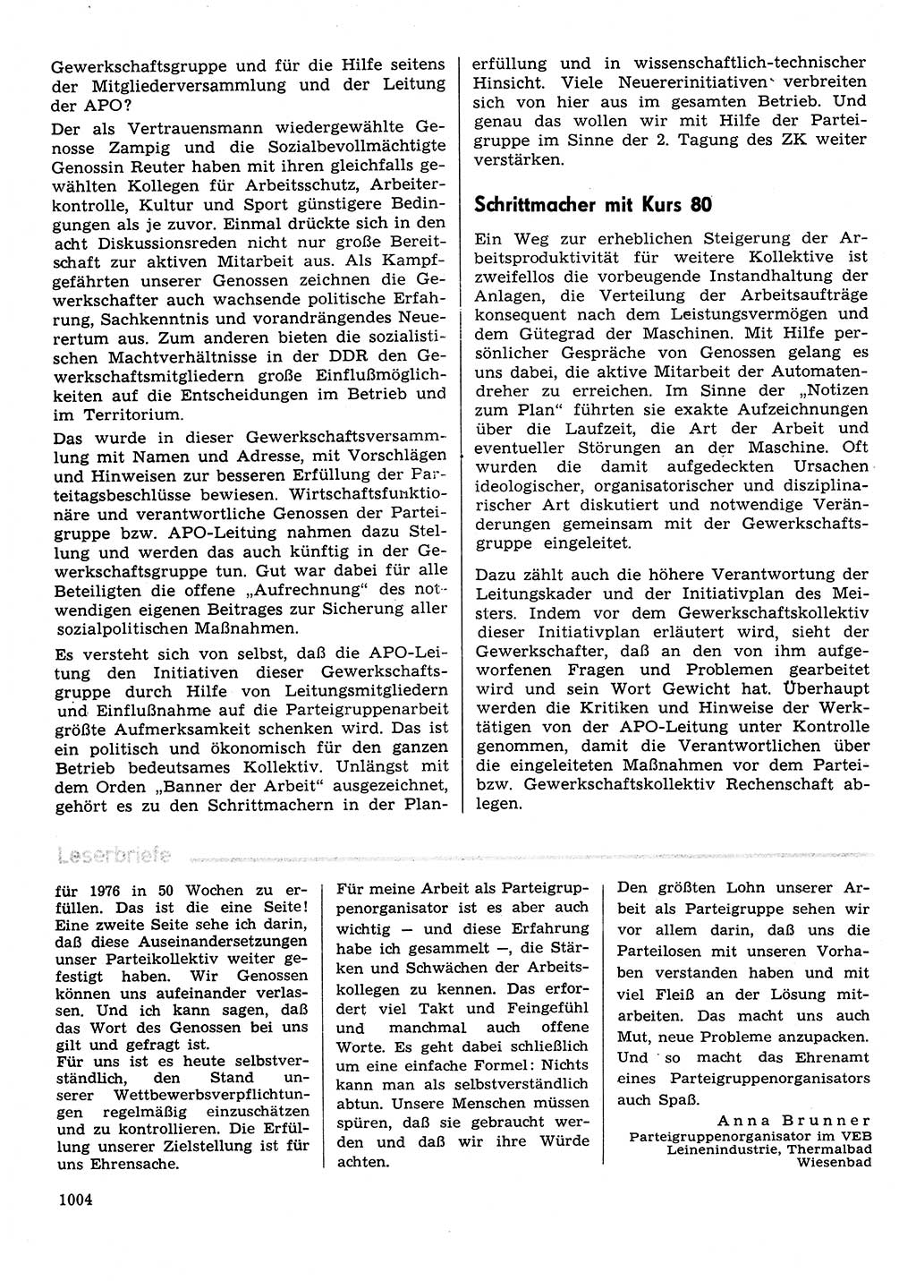 Neuer Weg (NW), Organ des Zentralkomitees (ZK) der SED (Sozialistische Einheitspartei Deutschlands) für Fragen des Parteilebens, 31. Jahrgang [Deutsche Demokratische Republik (DDR)] 1976, Seite 1004 (NW ZK SED DDR 1976, S. 1004)