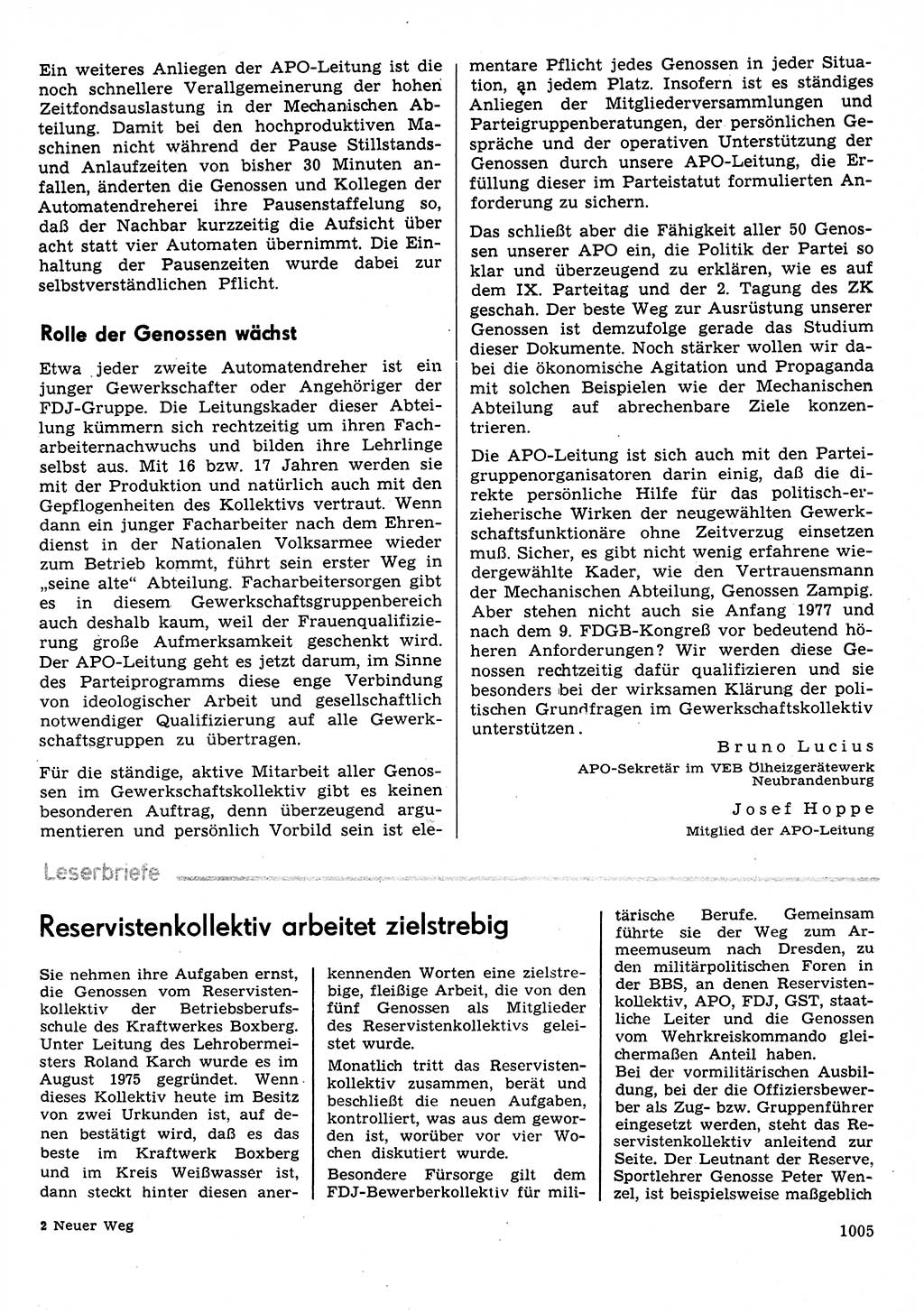 Neuer Weg (NW), Organ des Zentralkomitees (ZK) der SED (Sozialistische Einheitspartei Deutschlands) für Fragen des Parteilebens, 31. Jahrgang [Deutsche Demokratische Republik (DDR)] 1976, Seite 1005 (NW ZK SED DDR 1976, S. 1005)
